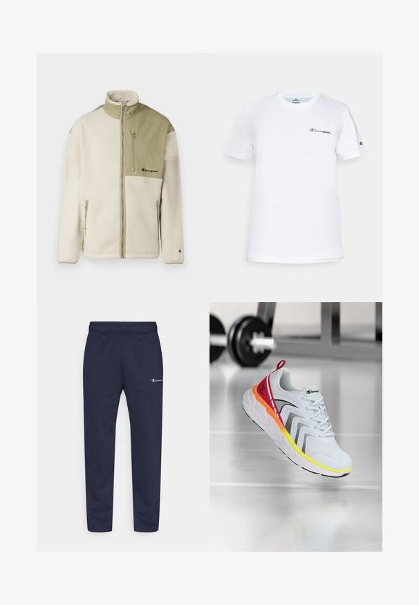 Krém színű testű, olajzöld felső résszel rendelkező polárdzseki, magas gallérral, mellkasi cipzáras zsebbel és hímzett logóval a bal oldalon.; Fehér pamut póló kerek nyakkivágással, rövid ujjakkal, és fekete hímzett "Champion" logóval a mellkason és az ujjon.; Tengerészkék jogger nadrág elasztikus derekkal, szűkülő lábakkal és egy apró fehér logóval a bal combon. Puha, rugalmas anyagból készült.; Fehér sportcipő hálós felsőrészsel, piros, narancssárga és sárga színekben gazdag részletekkel, texturált talppal és fekete díszítéssel.
