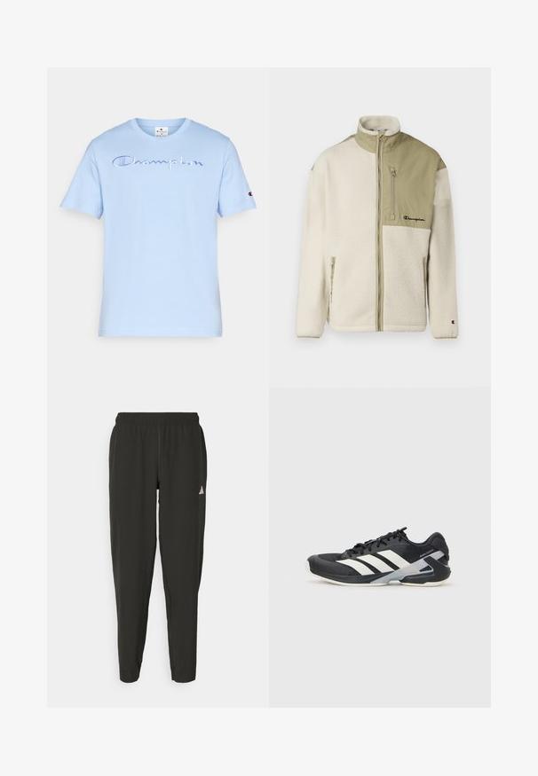 Fleece jacket with cream body and olive green upper section, high collar, zip pocket on chest, and embroidered logo on left side.; Light blue cotton t-shirt with short sleeves. Features embroidered "Champion" logo on the front and logo patch on the left sleeve.; Black athletic pants with an elastic waistband, slim fit, and white logo on the left leg. Smooth, lightweight fabric.; Black athletic shoe with white stripes, mesh upper, rounded toe, and cushioned sole. Features a textured heel and secure lacing system.