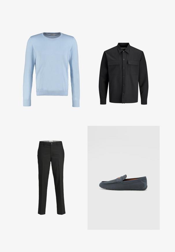 Black long-sleeve button-up shirt jacket with two front flap pockets and a pointed collar.; Light blue long-sleeve sweater with a round neckline. Features a smooth texture and ribbed cuffs and hem. Classic, fitted design.; Black trousers, tailored fit, smooth fabric, mid-rise waist, front button closure, diagonal pockets, and crease detailing down the legs.; Gray perforated loafers with a slip-on design, featuring an orange accent, rounded toe, and textured rubber outsole.