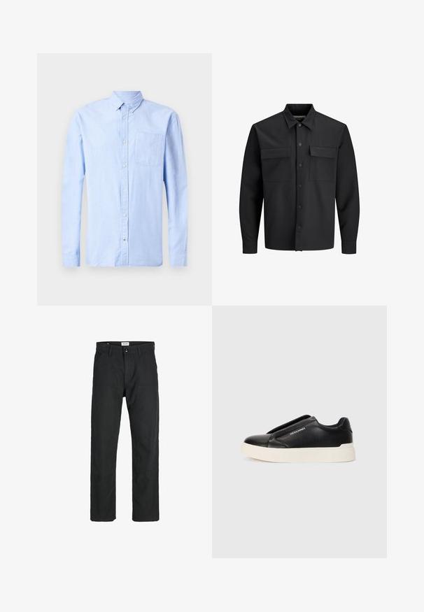 Svart långärmad skjorta med knappar, jacka med två framfickor med klaff och spetsig krage.; Ljusblå långärmad skjorta med knappar, tillverkad av mjukt tyg, med en knappad krage och en ensam bröstficka.; Svarta byxor i slitstarkt tyg, med rak bendesign, stickade detaljer och två framfickor för funktionalitet.; Svart slip-on sneakers med texturerat läderöverkänsliga, vit gummisula och utan synliga snören. Har varumärkeslogotyp på sidan.
