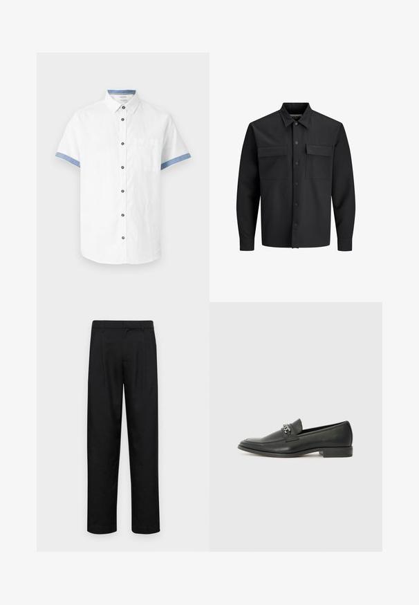 Camisa chaqueta de manga larga negra con botón y dos bolsillos frontales con solapa y cuello puntiagudo.; Camisa blanca de manga corta con cuello abotonado, que presenta detalles en azul en los puños y el cuello, y un bolsillo frontal. Fabricada en tejido ligero.; Pantalones negros de tela suave, con un diseño de pierna recta, dos pliegues frontales y una cintura estándar con trabillas para el cinturón.; Mocasín de cuero negro con un acabado suave, que cuenta con un diseño de costura y un acento decorativo de cadena de metal en el empeine. Tacón plano.