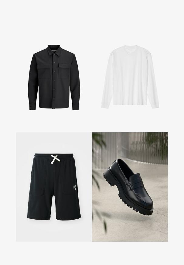 Black long-sleeve button-up shirt jacket with two front flap pockets and a pointed collar.; Long-sleeve white cotton t-shirt with a crew neck and ribbed cuffs. Simple, unembellished design, featuring smooth texture and standard fit.; Black shorts made of soft fabric featuring an elastic waistband with a white drawstring, two front pockets, and a logo on the left leg.; Black leather loafers with a chunky tread sole, featuring a decorative strap and stitching detail. Smooth texture with a polished finish.