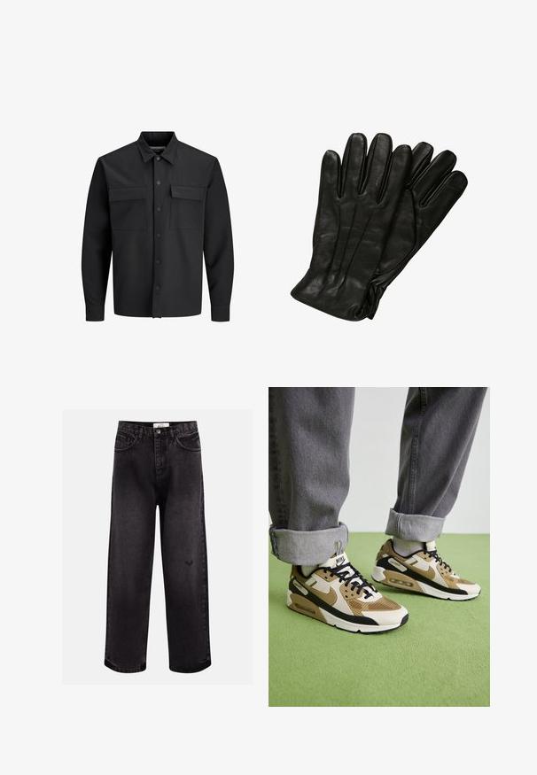 Czarna koszula z długim rękawem zapinana na guziki, z dwiema przednimi kieszeniami z klapami i kołnierzykiem w szpic.; Czarna bawełniana koszulka z małym graficznym motywem żółtego motyla w kształcie płomienia na piersi. Okrągły dekolt, krótkie rękawy.; Czarne dżinsy denimowe o szerokim kroju, z pięcioma kieszeniami, materiałowym paskiem i subtelnym logo przy kolanie.; Sneakers Nike Air Max 90 w kolorze beżowym i czarnym, wykonane z siateczki i skóry, z widoczną amortyzacją i czarnymi sznurówkami.; Czarne skórzane rękawiczki o gładkiej fakturze, pięć palców i subtelne detale w szwach. Klasyczny design, odpowiednie do użytku w zimnych warunkach.