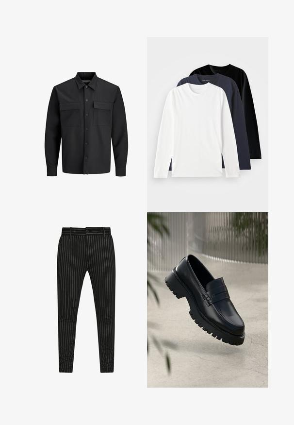 Black long-sleeve button-up shirt jacket with two front flap pockets and a pointed collar.; Three long-sleeve T-shirts stacked: one white, one dark navy, and one black. Made of smooth cotton, featuring round necklines and side slits.; Black striped trousers featuring vertical white pinstripes, a slim fit design, and a button closure with belt loops for adjustable sizing.; Black leather loafers with a chunky tread sole, featuring a decorative strap and stitching detail. Smooth texture with a polished finish.