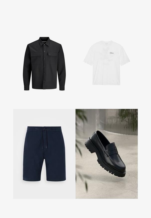 Sort langærmet knap-op skjortejakke med to frontlommer med klap og en spids krave.; Hvid bomulds t-shirt med korte ærmer, der har et frontprint med teksten "Soar into Tranquility" i sort og grøn.; Mørkeblå shorts lavet af blødt stof, med elastisk talje og snor, sidelommer og lige ben.; Sorte læder loafers med en chunky sål, der har en dekorativ rem og syninger. Glat tekstur med en poleret overflade.