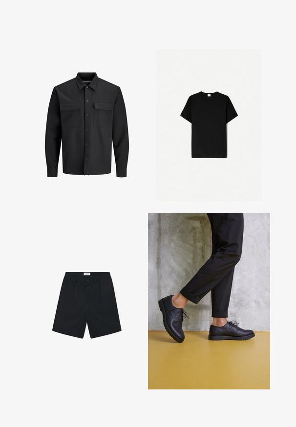 Camicia giacca nera a maniche lunghe con bottoni, dotata di due tasche frontali con linguetta e colletto a punta.; T-shirt nera a maniche corte, design a collo rotondo, realizzata in morbido cotone, con una texture liscia e senza pattern o dettagli visibili.; Pantaloni corti neri realizzati in un tessuto dalla trama liscia. Le caratteristiche includono una chiusura con bottone, due pieghe frontali e una vita standard.; Scarpe stringate in pelle nera con punta arrotondata, superficie testurizzata e suola in gomma spessa. Indossate con pantaloni neri arrotolati su uno sfondo di cemento.