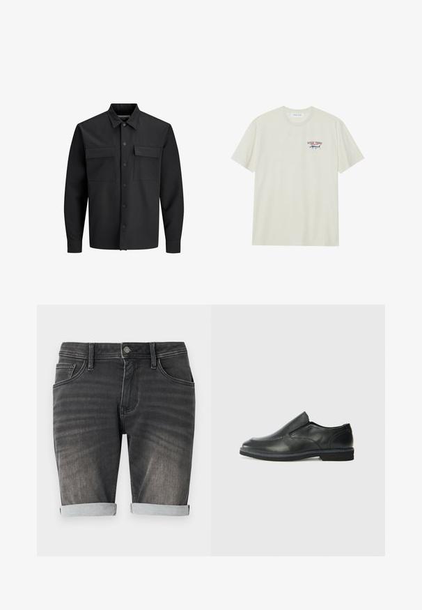 Svart langermet skjortejakke med knapper, to frontlommer med klaff og spiss krage.; Lys kremfarget bomull T-skjorte med korte ermer. Har et lite blått og rødt grafisk motiv av en marlin og teksten "MARLIN TROPHY".; Grå denimshorts med oppbrett nederst, med fem lommer, knappeåpning og subtil fading langs stoffet.; Sorte skinn slip-on sko med en jevn overflate, stikking detaljer, rund tå og en lav gummihæl. Sålen har minimal mønstring.