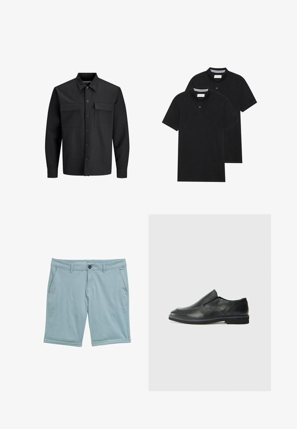 Črna srajčna jakna z dolgimi rokavi in gumbom, ki ima dve sprednji žepni odprtini s pokrovčkom in koničast ovratnik.; Dve črne polo majice, kratke rokave, iz bombažnega materiala, z klasik ovratnikom, dvobodno zaponko in belimi črtkami znotraj ovratnika.; Svijetloplave hlače kratke dužine, izrađene od tkanine glatke teksture. Imaju zatvaranje na dugme, petlje za remen i odrezane rubove.; Črne usnjene natikače z gladkim zgornjim delom, prišitimi detajli, zaobljenim nosom in nizkim gumijastim petkom. Podplat ima minimalen profil.