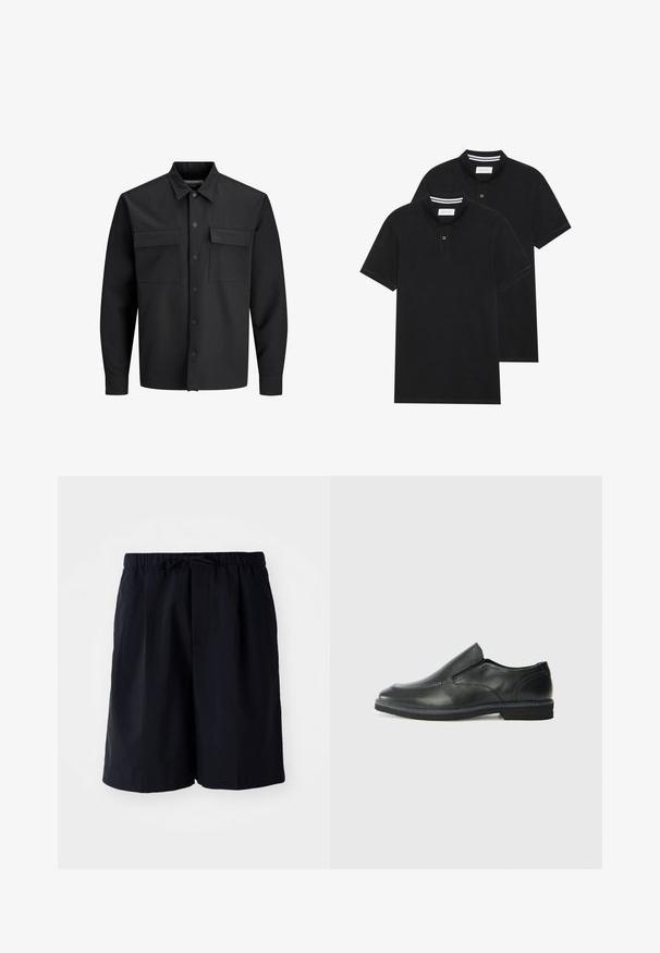 Černá dlouhá košile s knoflíky a nápravními kapsami na přední straně, s špičatým límcem.; Dvě černé polokošile s krátkým rukávem z bavlny, s klasickým límcem, dvouknoflíkovou légou a bílými pruhovanými akcenty uvnitř límce.; Navy modré kraťasy vyrobené z lehkého materiálu, s elastickým pasem na tkaničku a dvěma bočními kapsami, rovný střih.; Černá kožená nazouvací bota s hladkým svrškem, prošívanými detaily, zaoblenou špičkou a nízkým gumovým podpatkem. Podešev má minimální vzorek.