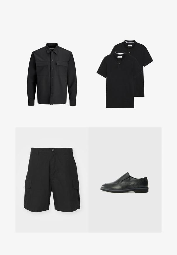 Must mustriga nööbiga särk-jakk, millel on kaks esimest klapikotti ja terav krae.; Kaks musta polo särki, lühikeste varrukatega, puuvillane materjal, klassikalise kraega, kahe nupuga kinnitusega, valgete triipudega krae sisepinnal.; Mustad mustad lühikesed püksid kerge kangaga, millel on kaks küljekotti, nupuga kinnitamine ja vabalt istuv lõige keskmise reie pikkuses.; Must musta laia suuga king, millel on sile ülemine osa, õmmeldud detailid, ümmargune nina ja madal kummist konts. Tallal on minimaalne mustr.