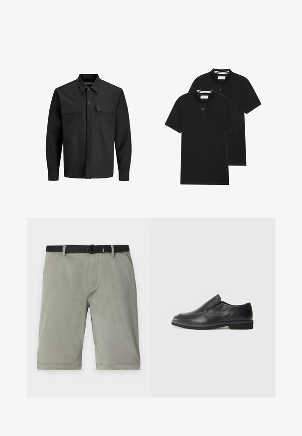Black long-sleeve button-up shirt jacket with two front flap pockets and a pointed collar.; Two black polo shirts, short-sleeved, cotton material, featuring a classic collar, two-button placket, and white striped accents inside the collar.; Gray shorts made of a textured fabric, featuring a black belt, standard pockets, and a hem finishing just above the knee.; Black leather slip-on shoe with a smooth upper, stitched accents, rounded toe, and a low rubber heel. Sole features minimal tread.