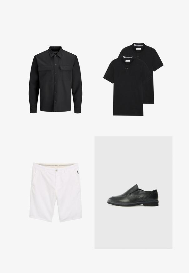 Camicia giacca nera a maniche lunghe con bottoni, dotata di due tasche frontali con linguetta e colletto a punta.; Due magliette polo nere, con maniche corte, in cotone, con colletto classico, pattina a due bottoni e dettagli a righe bianche all'interno del colletto.; Pantaloni corti bianchi con zip e chiusura a bottone, due tasche laterali e un tessuto testurizzato con dettagli di cucitura sottile.; Scarpa nera in pelle con inserto scivolare, superiore liscio, dettagli cuciti, punta arrotondata e tacco in gomma basso. La suola presenta un battistrada minimale.