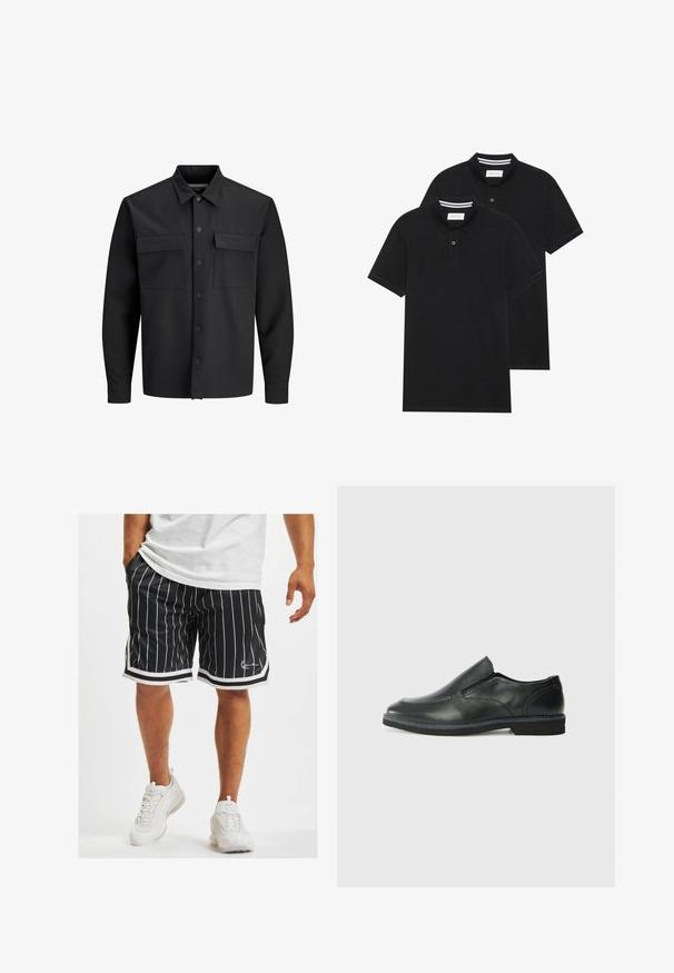 Crna kratka jakna sa dugim rukavima i dugmadi, s dva prednja džepa s preklopom i oštrim kragnom.; Dva crna polo majice, kratki rukavi, pamučni materijal, sa klasičnom ovratnikom, čepom sa dva gumba i bijelim prugastim detaljima unutar ovratnika.; Crne atletske kratke hlače s bijelim vertikalnim prugama, s strukom na vezanje i kontrastnim bijelim obrubom duž donjeg ruba i bočnih šavova.; Crne kožne cipele na sklapanje s glatkom gornjom površinom, prošivenim detaljima, zaobljenim vrhom i niskim gumene potplate. Potplat ima minimalne uzorke.