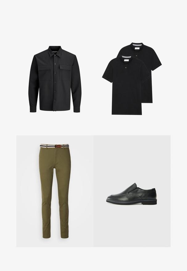 Sort langærmet knap-op skjortejakke med to frontlommer med klap og en spids krave.; To sorte polo T-shirts, kortærmede, lavet af bomuldsstof, med en klassisk krave, to-knaps placket og hvide stribede detaljer indeni kraven.; Slanke olivengrønne bukser med en glat finish, der har en stribet talje i marineblå og hvid, samt et accent i brun læder til bælteløkken.; Sorte læder slip-on sko med en glat overdel, syede detaljer, rund tå og en lav gummihæl. Sålen har minimal profil.