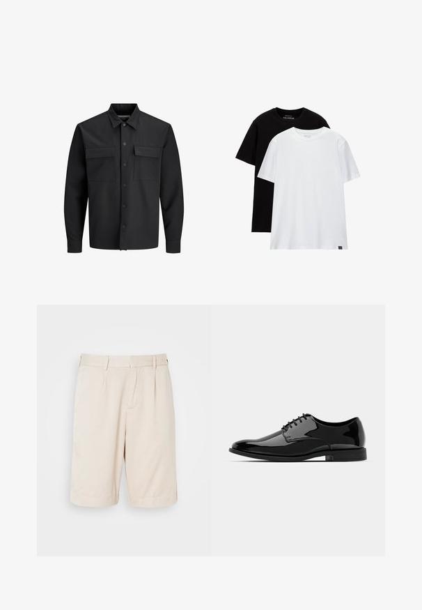 Svart långärmad skjorta med knappar, jacka med två framfickor med klaff och spetsig krage.; Två t-shirts med vanlig passform, en svart och en vit, tillverkade av bomull. Kort ärm och rund halsringning med synlig etikett i nedersta hörnet.; Beige, plisserade shorts i mjukt tyg, med sidfickor och rak passform, lämpliga för vardagsbruk.; Svart lackläderskor med rund tå, snörning och slät, blank yta. Har en låg gummisula.