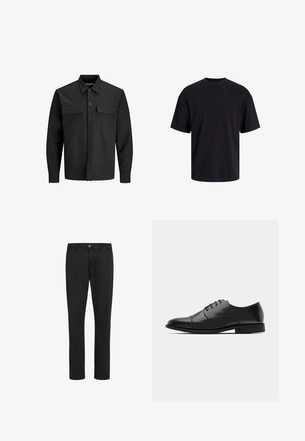 Zwarte langemouwen button-up shirtjack met twee voorste klepzakken en een puntige kraag.; Zwarte katoenen t-shirt met een ronde halslijn, korte mouwen en een relaxte pasvorm. Glad textuur en geen zichtbare patronen of accenten.; Zwarte katoenen broek met een rechte snit, sluiting met een knoop aan de voorkant, en twee zijzakken; gladde textuur met een minimalistisch ontwerp.; Zwarte leren dresschoenen met een ronde neus, vetersluiting, subtiele stiksels en een lage hak. Glad oppervlak met gepolijste afwerking.