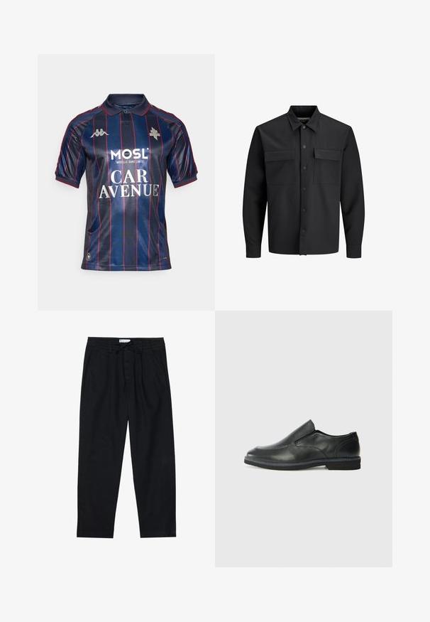 Svart langermet skjortejakke med knapper, to frontlommer med klaff og spiss krage.; Marineblå polo-skjorte med vertikale røde striper, korte ermer, krage og sølvlogoer. Har trykt sponsor tekst i hvitt.; Pier One Chinos - black; Sorte skinn slip-on sko med en jevn overflate, stikking detaljer, rund tå og en lav gummihæl. Sålen har minimal mønstring.