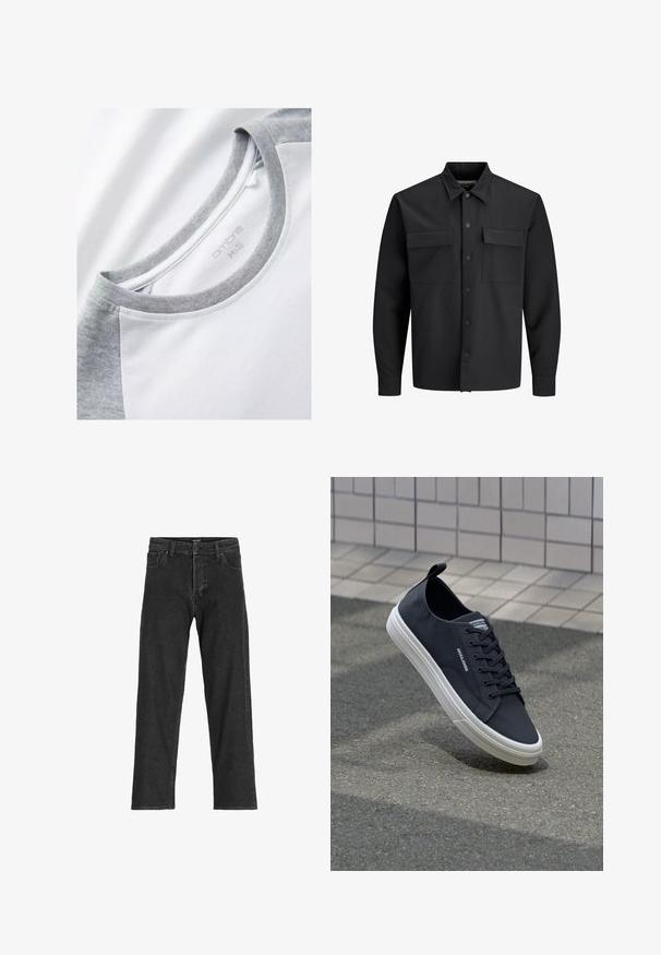 Schwarz langärmliges Hemd-Jacke mit Knopfleiste, zwei vorderen Klappentaschen und spitzem Kragen.; Kurzarm-T-Shirt mit einem weißen Körper und grauen Raglanärmeln. Runder Halsausschnitt mit einer weichen, glatten Textur. Markenetikett sichtbar.; Schwarze Jeans aus Denim mit geradem Bein, ausgestattet mit einem Reißverschluss, Gürtelschlaufen und sechs Taschen, gefertigt aus einem robusten Baumwollmischgewebe.; Dunkelblaue Low-Top-Sneaker aus glattem Material, mit weißer Sohle, Schnürdesign und einer hinteren Lasche für ein einfaches Anziehen. Dezentes Branding sichtbar.