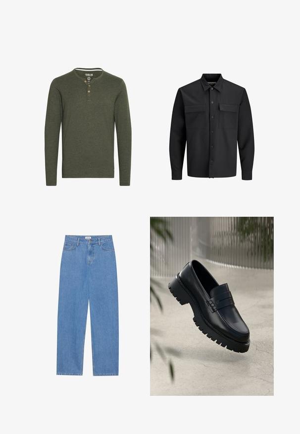 Svart langermet skjortejakke med knapper, to frontlommer med klaff og spiss krage.; Solid SDVOLKO - Topper langermet - olive; Lyseblå denimjeans med rett snitt, fem lomme-design, enkelt knappelukking og subtile sømdetaljer.; Sorte lærloafere med en kraftig såle, som har en dekorativ rem og sømdetaljering. Glatt tekstur med en polert overflate.