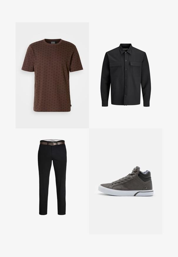 Black long-sleeve button-up shirt jacket with two front flap pockets and a pointed collar.; Brown short-sleeve T-shirt made of cotton, featuring a diamond pattern in a darker shade. Crew neck with a straight hem and tag on the side.; Black cotton trousers with a straight fit, featuring a brown leather belt and a smooth texture. Simple design, no visible patterns or accents.; Gray high-top sneaker with smooth leather upper, white rubber sole, padded collar, and metal eyelets for laces. Fuzzy gray lining visible.