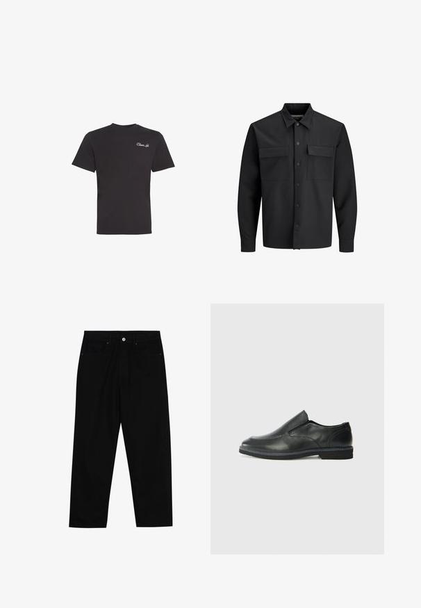 Black long-sleeve button-up shirt jacket with two front flap pockets and a pointed collar.; Black short-sleeve T-shirt with small white cursive "Closure Lin" text on the upper left chest, plain background.; Black denim pants featuring a straight-leg cut, five-pocket design, and a front button closure. Smooth texture with minimal stitching details.; Black leather slip-on shoe with a smooth upper, stitched accents, rounded toe, and a low rubber heel. Sole features minimal tread.