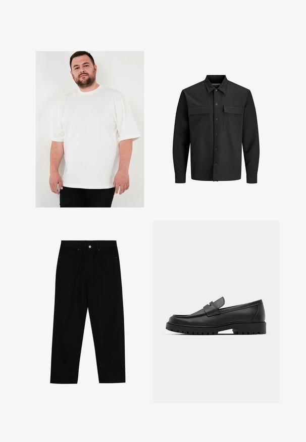 Černá dlouhá košile s knoflíky a nápravními kapsami na přední straně, s špičatým límcem.; Bílá bavlněná tričko s kulatým výstřihem a krátkými rukávy, které má volný střih a jemnou texturu, kombinované s černými kalhotami.; Černé džíny s rovně střiženými nohavicemi, designem pěti kapes a předním zapínáním na knoflík. Hladký povrch s minimem švových detailů.; Černé kožené mokasíny s kulatou špičkou, zdobené prošitím, s nízkou platformou a texturovanou gumovou podrážkou s drážkováním.