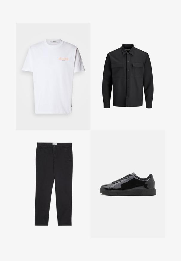 Černá dlouhá košile s knoflíky a nápravními kapsami na přední straně, s špičatým límcem.; Bílý bavlněný tričko s krátkým rukávem, s potiskem "ANTICO BAR" ve světle oranžové na levé straně hrudníku a s kulatým výstřihem.; Černé bavlněné kalhoty s úzkým střihem, které mají dvě boční kapsy a přední zapínání na knoflík. Texturovaná tkanina s jemnými detaily.; Černé lakované kožené tenisky s kulatou špičkou, plochou gumovou podrážkou a černými tkaničkami. Hladký, lesklý povrch na vrchní části.