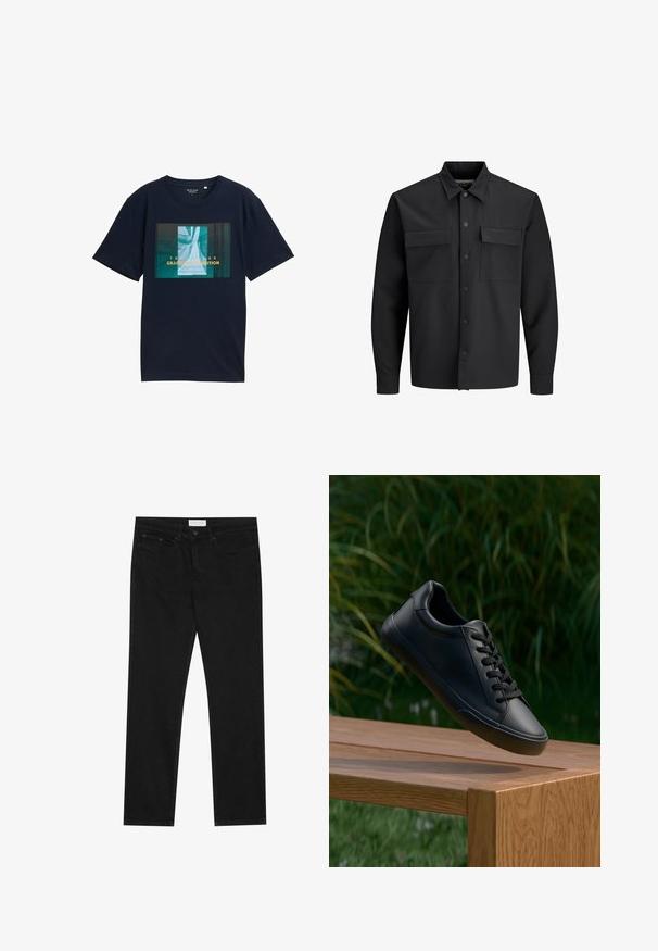 Juodas ilgomis rankovėmis marškiniai su mygtukais, su dviem priekinių kišenių užsegimais ir smailiu apykaklė.; Tamsiai mėlyna trumpas rankovėmis marškinėliai, pagaminti iš medvilnės; turi stačiakampį grafiką su žaliais ir mėlynais atspalviais bei geltonu tekstu.; Juodos tiesios kojų džinsai su penkių kišenių dizainu, mygtuko ir užtrauktuko uždarymu bei "Pier One" prekės ženklo etikete ant juosmens.; Juodos odinės sportbačių su lygiu paviršiumi, apvaliu pirštu ir plokščiomis raišteliais, padėti ant medinės paviršiaus su žaliais žolės fono.