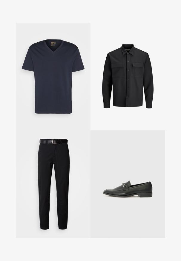Svart långärmad skjorta med knappar, jacka med två framfickor med klaff och spetsig krage.; Esprit V-NECK REGULAR FIT - T-shirt - bas - navy; Svarta byxor med rak passform, med en slät textur och ett svart läderbälte med en silverfärgad spänne. Enkel design, inga mönster eller accenter.; Svart läderloafers med en slät yta, med en sydd design och en dekorativ metallkedjeaccent över västen. Platt häldesign.