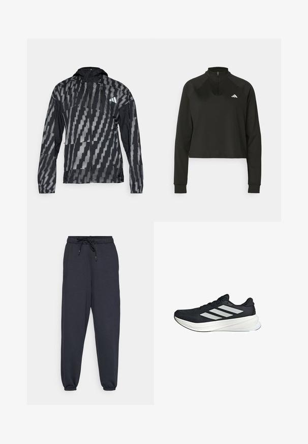 Schwarze und graue leichte Jacke mit Kapuze, die ein geometrisches Muster aufweist, einen Reißverschluss auf der Vorderseite hat und elastische Bündchen besitzt. Für den Einsatz im Freien konzipiert.; Schwarzer Pullover mit Viertelreißverschluss aus glattem Stoff, langärmlig, mit hohem Kragen und einem weißen Logo auf der linken Brust.; Dunkelgraue Jogginghosen mit einem elastischen Bund, Kordelzug und elastischen Bündchen an den Knöcheln. Weicher Stoff mit einem minimalistischen Design.; Schwarzer Sportschuh mit einer strukturierten oberen Fläche, der drei weiße Streifen an der Seite und eine weiße Zwischensohle hat. Leichtes Design, stromlinienförmige Form.