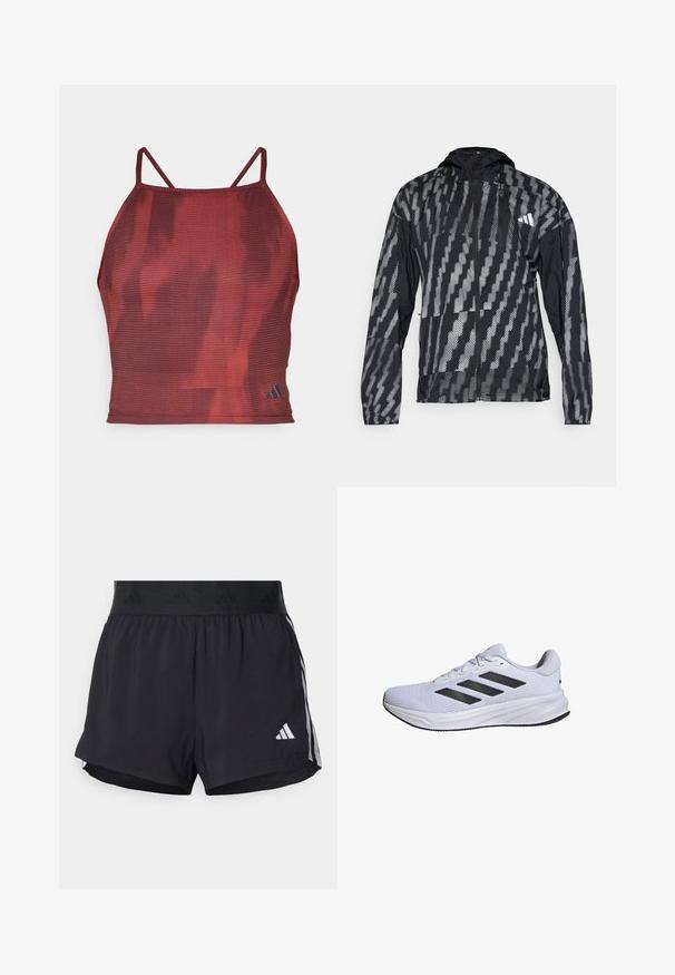 Czarna i szara lekką kurtka z kapturem, z geometrycznym wzorem, zapinana na zamek błyskawiczny, z elastycznymi mankietami. Zaprojektowana do użytku na świeżym powietrzu.; Czerwony, strukturalny sportowy krótki top na ramiączkach z cienkimi paskami i subtelnym wzorem. Posiada małe czarne logo po prawej stronie na dole.; Czarne sportowe szorty z elastycznym paskiem w talii, z teksturowanym pasem, bocznymi paskami oraz białym logo Adidas na dolnym brzegu.; adidas Performance RESPONSE UNISEX biały