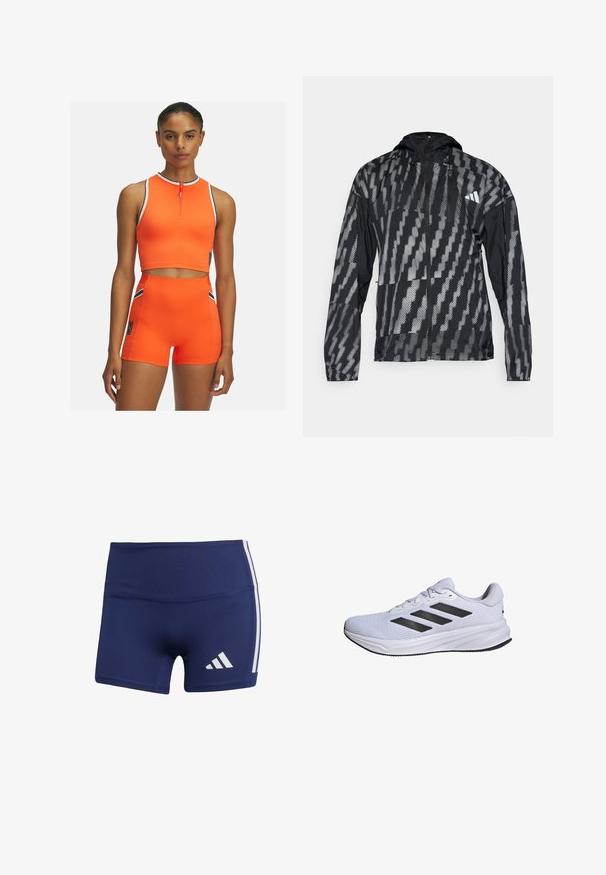 Černá a šedá lehká bunda s kapucí, zdobená geometrickým vzorem, s předním zipem a elastickými manžetami. Navržena pro venkovní použití.; Světlý oranžový sportovní set obsahuje bezrukávový crop top se zipem a šortky s vysokým pasem, ozdobené černobílými pruhy.; Tmavě modré sportovní šortky s těsným střihem, vyrobené z hladké látky, s bílými bočními pruhy a logem na dolní levé straně.; adidas Performance RESPONSE - Silniční běžecké boty - cloud white core black cloud white