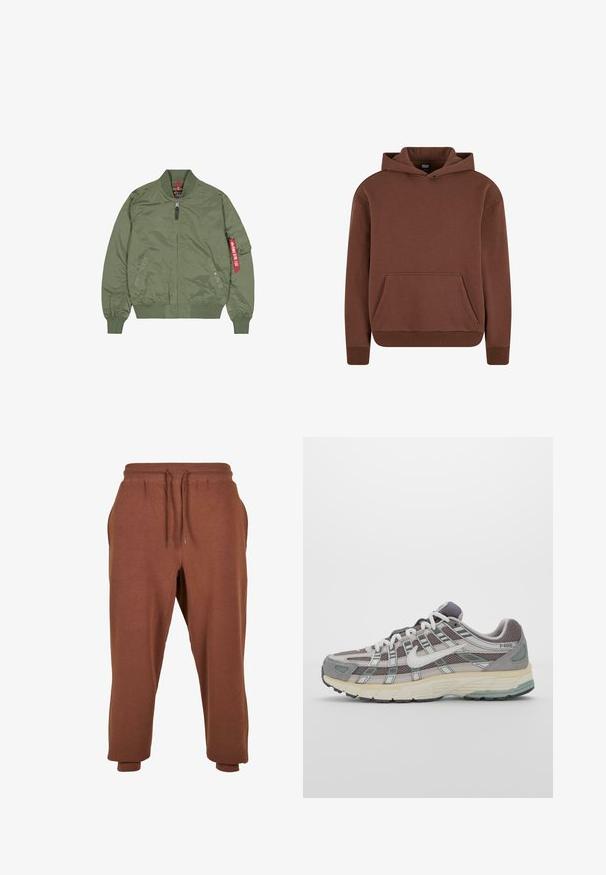 Olivgrüne Bomberjacke aus Nylonmaterial, mit Reißverschluss vorne, gerippten Bündchen und Saum, seitlichen Taschen, mit rotem Schlaufen-Detail am linken Ärmel.; Brauner Kapuzenpullover aus weichem Material, mit einer Kängurutasche, gerippten Bündchen und einem lässigen Schnitt.; Urban Classics Jogginghose - bark; Grauer Sportschuh mit einem Obermaterial aus Mesh und Wildleder, weißen Akzenten, einer gepolsterten Sohle und einem charakteristischen Design mit reflektierenden Elementen.