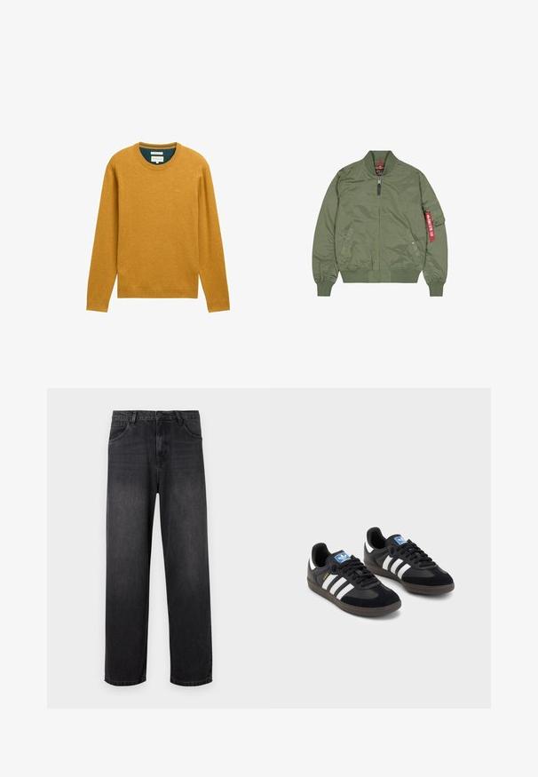 Veste bomber vert olive, en nylon, fermeture éclair à l'avant, poignets et ourlet côtelés, poches latérales, avec un détail de tag rouge sur la manche gauche.; Pull en moutarde à manches longues et col rond. Fabriqué en tissu doux, présentant des bordures côtelées et un petit logo sur la poitrine.; Jeans en denim gris foncé avec un design à jambe droite, dotés d'une fermeture éclair, de cinq poches et de légères décolorations sur le tissu.; Des baskets noires avec une tige en suède et en matériaux synthétiques, dotées de trois rayures blanches, d'une semelle en caoutchouc texturé et d'une étiquette de logo bleue sur la languette.