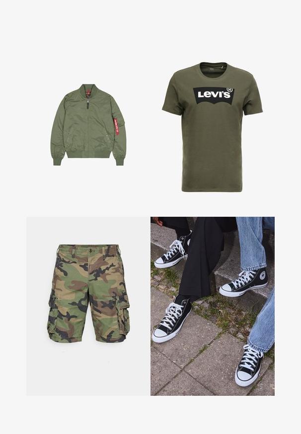 Veste bomber vert olive, en nylon, fermeture éclair à l'avant, poignets et ourlet côtelés, poches latérales, avec un détail de tag rouge sur la manche gauche.; T-shirt en coton vert olive avec un grand logo noir Levi's sur le devant. Col rond classique et manches courtes, texture lisse.; Shorts cargo camouflés en vert, marron et noir. Fabriqués en tissu léger, avec des poches latérales et une fermeture à bouton, offrant une coupe décontractée.; Baskets montantes en toile noires avec semelles et lacets en caoutchouc blancs, arborant un logo circulaire sur le côté et associées à un jean et un pantalon noir.