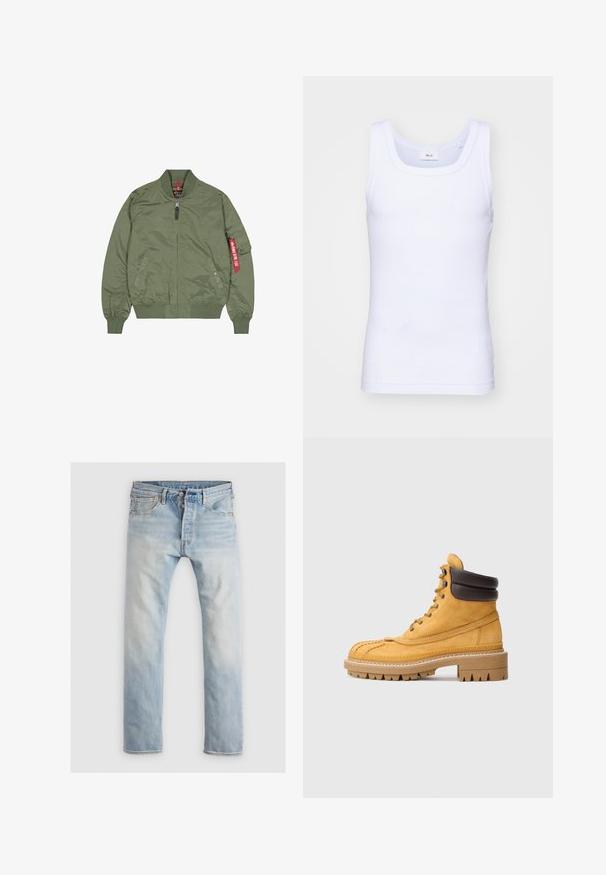 Casaco bomber verde-oliva, material em nylon, fecho de correr na frente, punhos e barra canelados, bolsos laterais, com detalhe de etiqueta vermelha na manga esquerda.; Top de algodão branco sem mangas com decote redondo, apresentando uma textura suave e um corte ajustado, projetado para uso casual.; Jeans de denim azul claro, corte reto, com um acabamento desbotado. Apresenta cinco bolsos, fecho de botão e manchas de costura laranja.; Bota de caminhada em couro amarelo com colarinho acolchoado preto no tornozelo, sola de desgaste espessa e fecho de atacadores em fundo liso claro.
