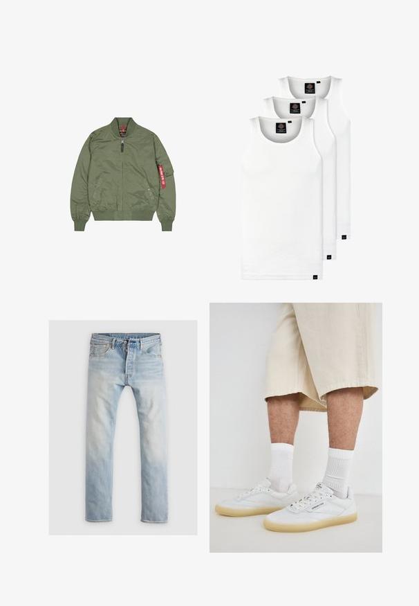 Giacca bomber verde oliva, materiale in nylon, chiusura con zip frontale, polsini e orlo a coste, tasche laterali, dettagli con etichetta rossa sulla manica sinistra.; Tre canotte bianche a coste in cotone. Presentano un colletto rotondo e piccole etichette nere vicino all'orlo. Disponibile in diverse taglie.; Jeans in denim azzurro chiaro, taglio dritto, con una finitura sbiadita. Presentano cinque tasche, chiusura con bottone e dettagli di cuciture arancioni.; Sneakers bianchi in pelle con suole in gomma, caratterizzati da dettagli perforati, lacci e un logo sulla linguetta. Indossati con calzini bianchi e pantaloni corti beige.