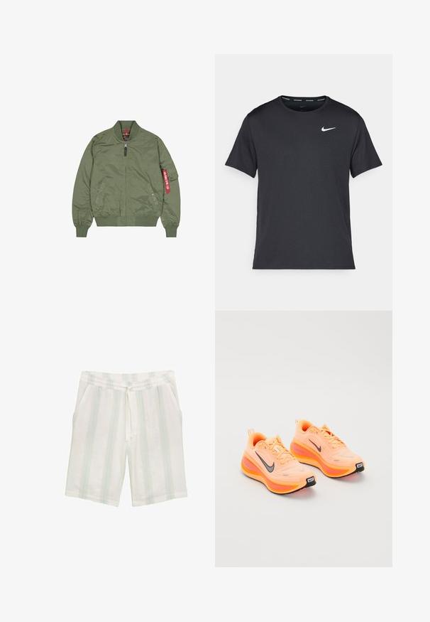 Bomberka w kolorze oliwkowym, materiał nylonowy, zamek z przodu, ściągacze u rękawów i na dole, kieszenie boczne, z czerwonym detalem na lewym rękawie.; Czarna koszulka do biegania Nike z lekkiego, oddychającego materiału, z krótkimi rękawami i małym białym logo na piersi.; Białe szorty wykonane z lekkiego materiału, z pionowymi jasnoniebieskimi i zielonymi paskami, z elastycznym pasem i bocznymi kieszeniami.; Para jasnopomarańczowych butów biegowych Nike ZoomX z czarnymi logo swoosh i grubymi, amortyzującymi podeszwami na białym tle.