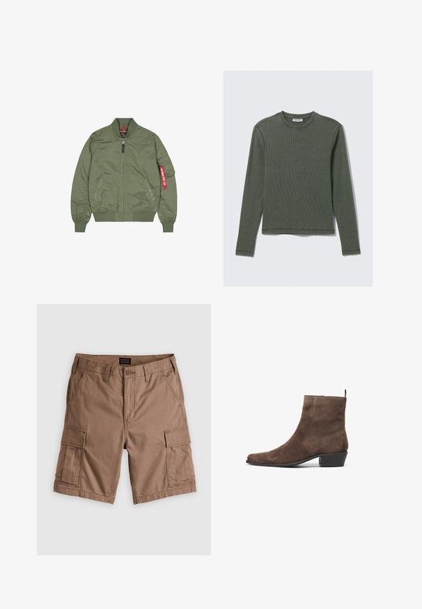 Olivgrön bomberjacka, i nylonmaterial, med dragkedja fram, ribbade muddar och nederkant, sidofickor, har även en röd märkning på vänster ärm.; Långärmad, ribbad topp i mörkgrön, med rundad halsringning och rak nederkant. Tillverkad av mjukt tyg, med minimala sömmar och inga synliga mönster.; Bruna cargoshorts i bomull, med flera sidofickor, knappstängning och platt frontdesign. Slät textur, avslappnad stil.; Brun mockask stövel med spetsig tå, låg klack och en dragloop baktill för enkel påtagning. Slät textur och enkel design.