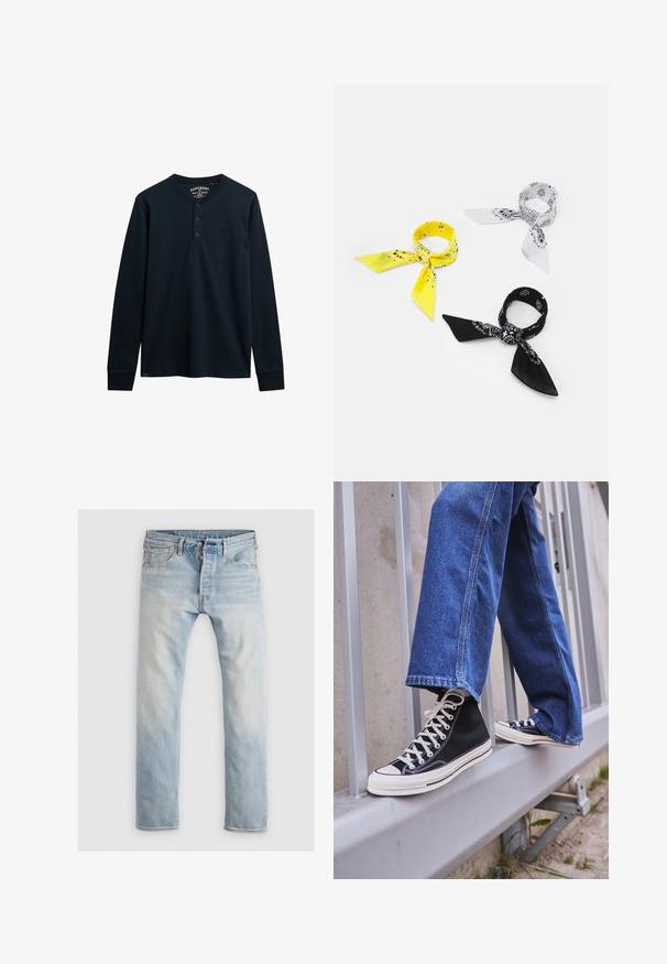 Olive green bomber jacket, nylon material, zip front, ribbed cuffs and hem, side pockets, features red tag detail on left sleeve.; Navy long-sleeve henley shirt made of soft cotton, featuring a three-button placket, rounded hem, and small logo on the chest.; Light blue denim jeans, straight cut, with a faded finish. Features five pockets, button fly, and orange stitch accents.; Black high-top sneakers with white sole and laces, paired with loose blue denim jeans, resting on a gray railing.; Three bandanas: one yellow with black patterns, one white with black designs, and one black with white graphics. All are square, lightweight fabric.