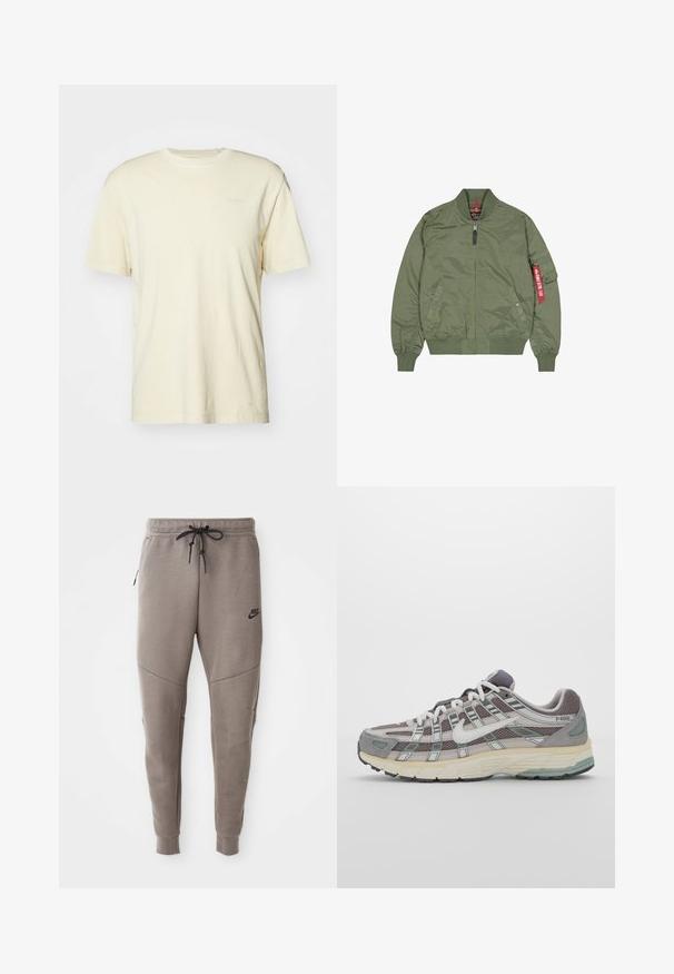 Casaco bomber verde-oliva, material em nylon, fecho de correr na frente, punhos e barra canelados, bolsos laterais, com detalhe de etiqueta vermelha na manga esquerda.; T-shirt de manga curta em creme feito de algodão macio, com um decote redondo e um pequeno logotipo impresso numa cor clara no peito.; Calças de treino cinzentas da Nike com um cós elástico ajustável, pernas ajustadas, bolsos laterais e pormenores de costura distintos. Tecido suave e texturizado.; Sapatilha atlética cinza com parte superior em malha e camurça, detalhes brancos, sola acolchoada e um design distinto com elementos refletivos.