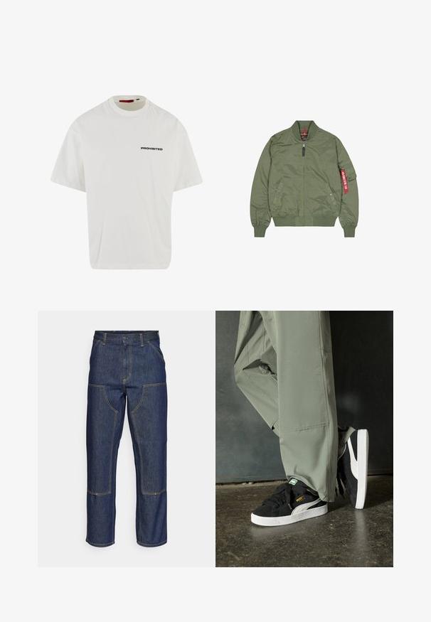 Olivovo zelená bomber bunda, nylonový materiál, predný zips, rebrované manžety a spodný lem, bočné vrecká, obsahuje červený štítok na ľavom rukáve.; Biela bavlnená tričko s krátkymi rukávmi a voľným strihom. Na hrudi je vyznačený text "ZAKÁZANÉ" v tučnom čiernom písme. Okrúhly výstrih.; Tmavomodré denimové džínsy s vysokým pásom, rovného strihu, kontrastným prešívaním a vreckami na prednej strane.; Čierne semišové tenisky s bielymi gumovými podrážkami a postrannými prúžkami, v kombinácii s svetlozelenými cargo nohavicami, stojace na textúrovanom tmavom povrchu.