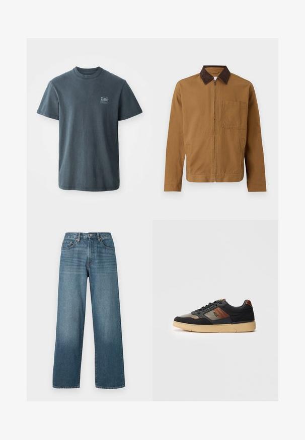 Brūna kapuce ar rāvējslēdzēju, tumši brūns kordūrveida apkakle, garas piedurknes un kvadrātveida krūšu kabata kreisajā pusē.; Tumši pelēks kokvilnas T-krekls ar apaļu kakla izgriezumu, īsām piedurknēm un mazu drukātu logotipu kreisajā pusē. Klasisks piegriezums ar taisnu apakšmali.; Plati kāju tumši zili džinsi ar pogu aizdari, jostas cilpiņām un izbalējušu faktūru. Iespējo piecas kabatas un kontrastējošu šuvumu.; Melni un brūni zemi sporta apavi ar bēšu zoli, auklām un sānu zīmēm uz vienkārša balta fona.