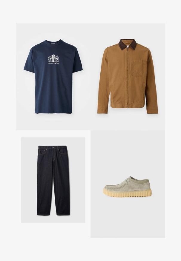 Ruda zip-up striukė su tamsiai rudomis šerpuotėmis, ilgomis rankovėmis ir kvadrato formos krūtine kišenėje kairėje pusėje.; Tamsiai mėlynas medvilninis marškinėliai su trumpomis rankovėmis, apvalia iškirpte ir balta grafika, vaizduojančia herbinį ženklą ir tekstą "nauji originalai."; Tamsiai mėlyni džinsai su tiesiu kirpimu, su užtrauktuku ir mygtuku, dviem priekinėmis kišenėmis ir kontrastinga oranžine siūle.; Šviesiai pilki zomšiniai batai su storesniu, tekstūruotu grietininiu guminiu padu. Yra apvalus pirštas, minimalus siuvinėjimas ir toniniai raišteliai.