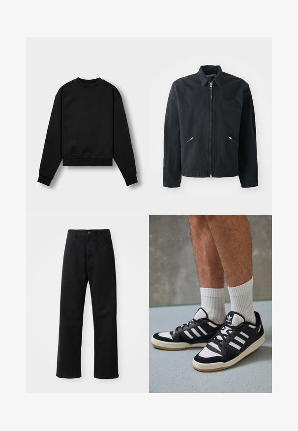 Veste zippée noire au design ajusté, avec deux poches avant, un col montant et un tissu texturé. Présente un logo sur le côté gauche.; Sweatshirt noir court avec des manches longues, un col rond et des bords côtes. Il présente une texture en tissu douce et un design minimaliste.; Pantalons en denim noir à coupe droite, avec poches avant, fermeture éclair et un seul bouton supérieur. Tissu texturé avec une finition mate.; Baskets noir et blanc avec une tige en suède et cuir, comportant trois rayures blanches, un bout perforé et une semelle en caoutchouc gum.