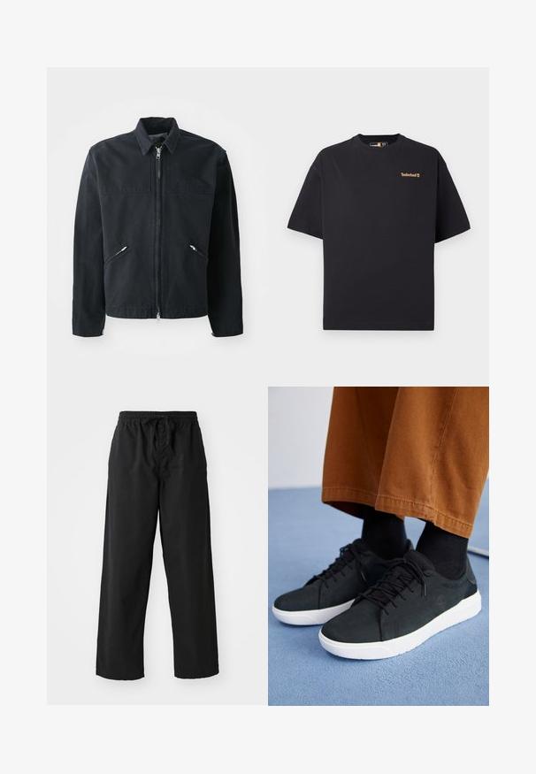 Svart zip-up jacka med en åtsittande design, två framfickor, ståkrage och en texturerad tygkvalitet. Har en logotyp på vänster sida.; Svart T-shirt med kort ärm och rund hals från Timberland, med en liten tan-färgad logotyp på övre vänstra bröstet, visad mot en vit bakgrund.; Svarta vida byxor i mjukt tyg med elastisk midja och justerbar snörning, med en slät yta och inga synliga mönster.; Svarta mockaskor med vita gummisålar, med snörning, texturerade detaljer och subtil branding, kombinerade med bruna byxor.