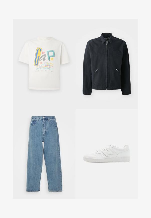 Juodas zip-up džemperis su prigludusia išvaizda, dviem priekinėmis kišenėmis, aukšta apykakle ir tekstūruotu audiniu. Kairėje pusėje yra logotipas.; Balta trumpa rankove marškinėliai su spalvingu "GAP" logotipu ir jūrine iliustracija. Minkšta tekstūra ir laisvas siluetas.; Šviesiai mėlynos džinsinės kelnės su aukštu liemeniu, laisvo kirpimo, turinčios dvi priekinės kišenes, nugarinę kišenę su užklijuotu logotipu ir kniedinį užsegimą.; Balti sportbačiai, pagaminti iš lygaus odos, su perforuota nosimi, tekstūruotu guminiais padais, plokščiomis raištelėmis ir ryškiu 'N' logotipu šone.