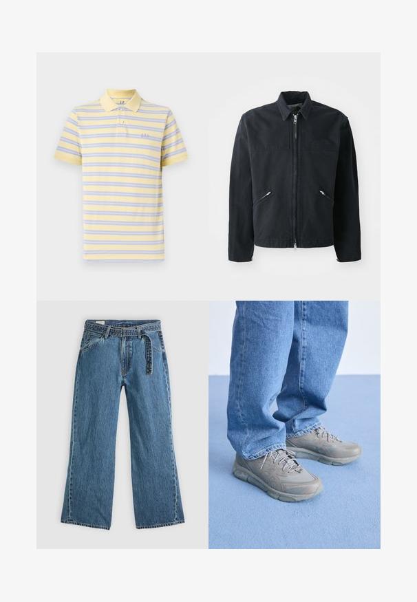 Juodas zip-up džemperis su prigludusia išvaizda, dviem priekinėmis kišenėmis, aukšta apykakle ir tekstūruotu audiniu. Kairėje pusėje yra logotipas.; Trumpas rankovėmis polo marškinėliai švelnios geltonos spalvos su purpurinėmis ir mėlynomis horizontaliomis juostelėmis. Yra klasikinis apykaklės dizainas ir siuvinėtas "GAP" logotipas ant krūtinės.; Mėlyni džinsiniai plačių kojų džinsai su prijungtu diržu, priekinėmis kišenėmis ir matomomis siūlėmis ant vientiso šviesaus fono.; Pilkos sportinės bateliai su tekstūruota paviršiumi, turintys gelio pagalvėlėmis padą ir raštuotas akcentus, dėvimi su šviesiai mėlynomis džinsomis.