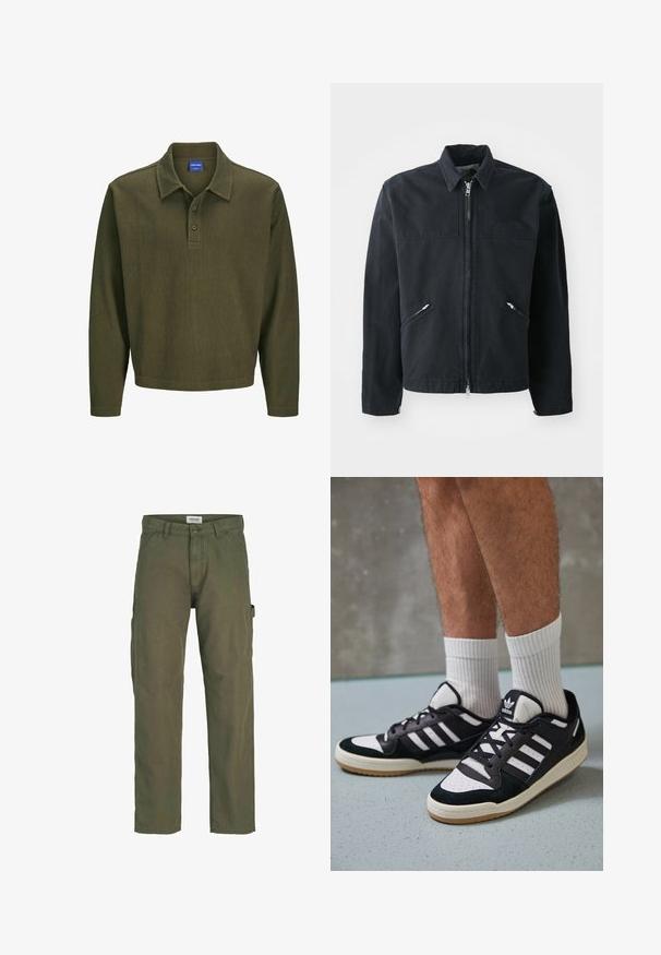 Čierna zipsová bunda s prispôsobeným strihom, dvoma prednými vreckami, stojatým golierom a textúrovanou tkaninou. Má logo na ľavej strane.; Olivovo zelena polo košeľa s dlhým rukávom vyrobená z textúrovanej látky. Obsahuje golier, zapínanie na tri gombíky a voľný strih.; Olivové zelené cargo nohavice s rovnými nohavicami, viacerými bočnými vreckami, zapínaním na gombík a zips a pevnou bavlnenou tkaninou.; Čierno-biele tenisky s vrchom z semišu a kože, s troma bielymi pruhmi, perforovanou špičkou a gumovou podrážkou.