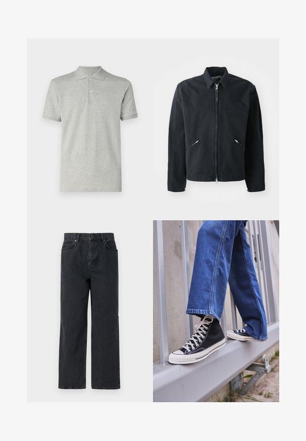 Sort zip-up jakke med en tætsiddende design, to forlommer, opretstående krave og en tekstureret stof. Har et logo på venstre side.; GAP Poloshirts - heather grey; Mørkeblå denimbukser med bred ben, fem-lomme design og knaplukning. Inkluderer kobberfarvet hardware og subtil tekstur.; Sorte høj-top sneakers med hvid sål og snørebånd, parret med løse blå denimjeans, hvilende på et gråt gelænder.